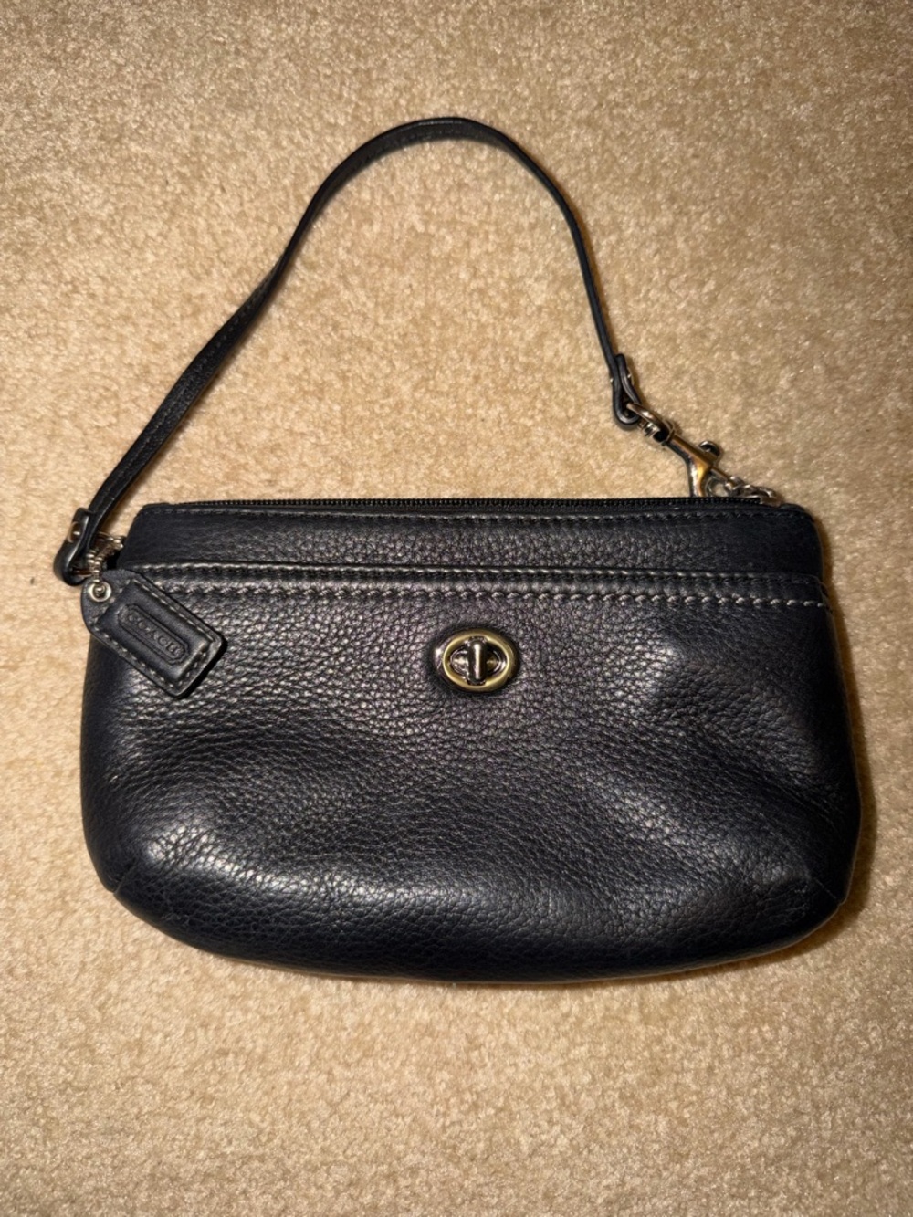 Coach Black Pebbled Leather Turnlock Wristlet with Detachable Strap